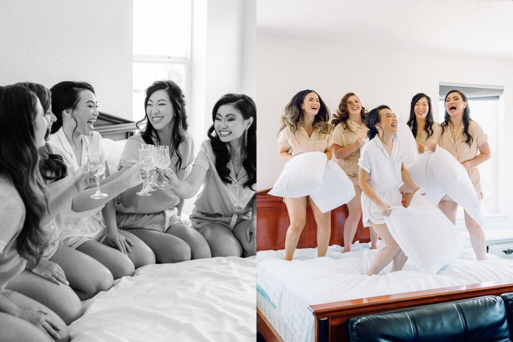 Bridesmaids pose for a wedding photo at Tannenbaum Lake Tahoe, captured by the photographer.