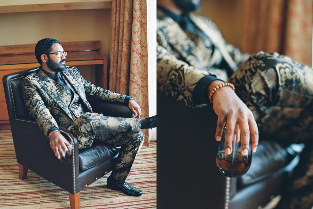 Groom in Gold Dolce & Gabbana Jacquard Sicilia Suit at the Ritz-Carlton's Exquisite Lake Tahoe Wedding 