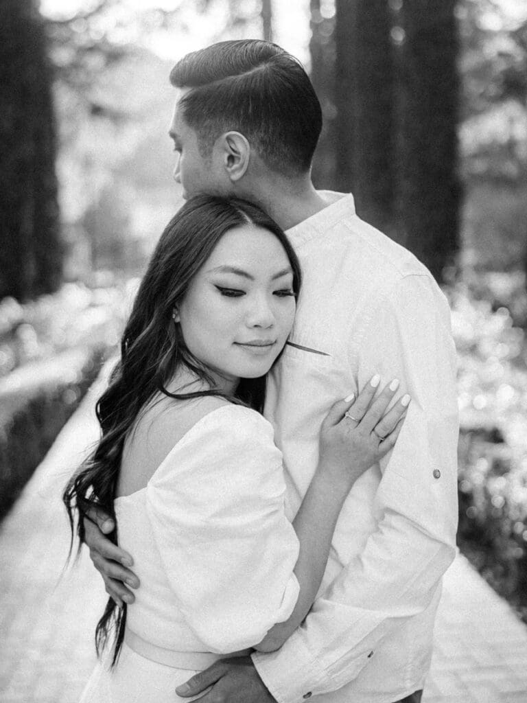 Black and white photo of engaged couple in Villa Montalvo Art Center wedding venue 