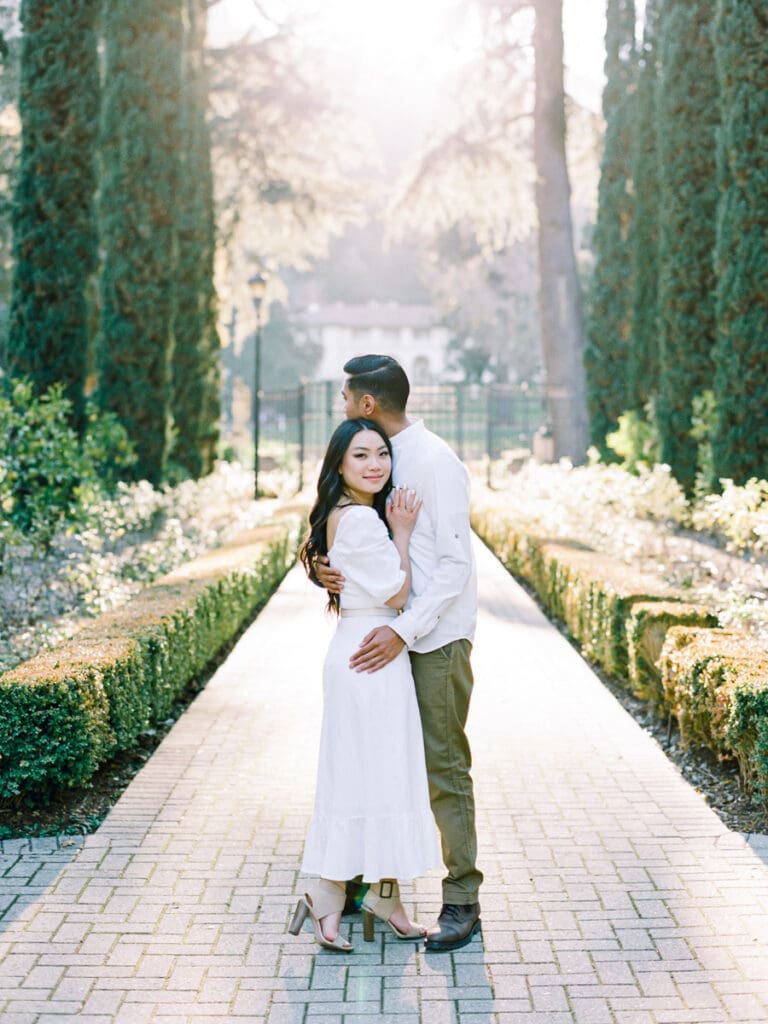 romantic Villa Montalvo engagement session in San Francisco, showcasing a couple's love amidst stunning landscapes.