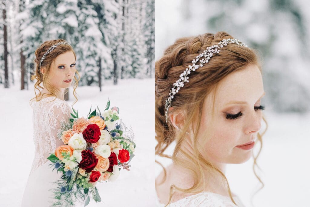 Bride and groom portraits at snowy Lake Tahoe winter wedding 