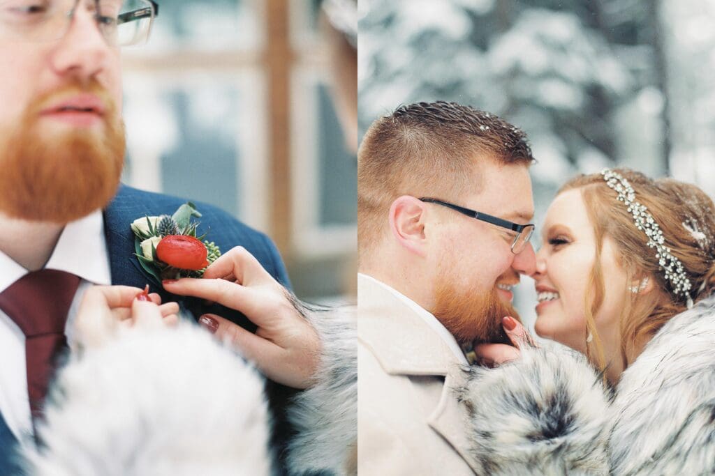 Bride and groom portraits at snowy Lake Tahoe winter wedding 